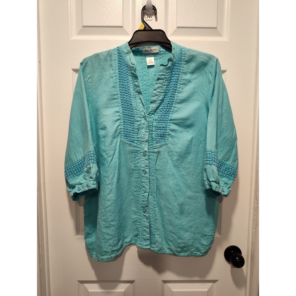 Susan‎ Bristol 100% Linen Aqua 3/4 Sleeve Button Neck Shirt Sz 1X Cool Light